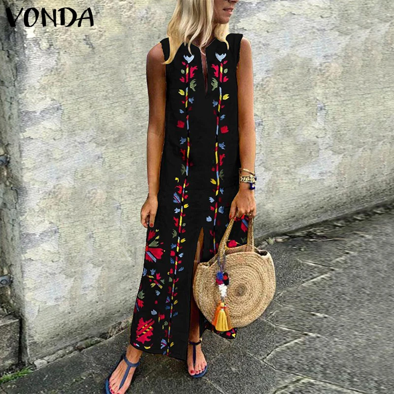 

Plus Size Bohemian Women Printed Dress 2019 VONDA Summer Sexy Sleeveless Split Maxi Long Dresses Casual Kaftan Robe Vestidos