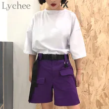 Lychee Harajuku с поясом, фиолетовые, эластичные, с высокой талией, женские, выше колена, Карго, шорты с карманами,, одноцветные, свободные, женские шорты
