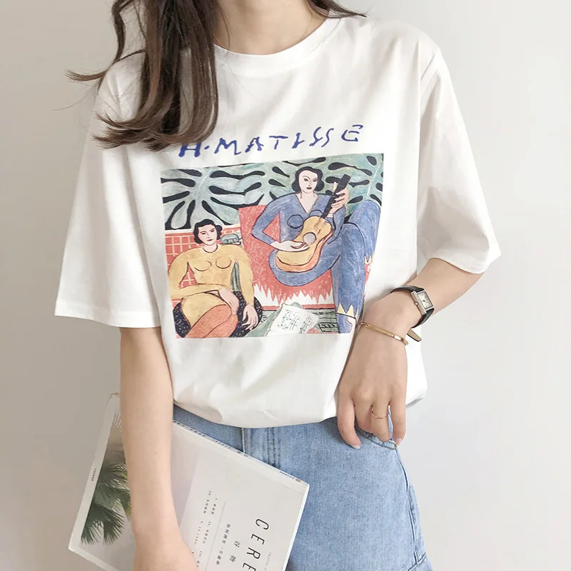 Preise Vintage Print O Neck Kurzarm Frau Baumwolle T shirt Mode 2019 Casual Lose Mädchen Sommer Baumwolle Tees Pullover