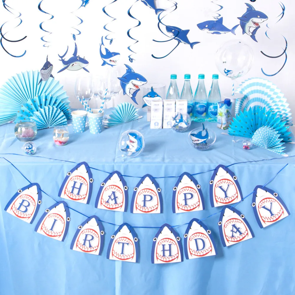 

Baby Shark Birthday Party Decorations Hanging Happy Birthday Banner Hanging Swirls For Boy Birthday Decor Party Supplies