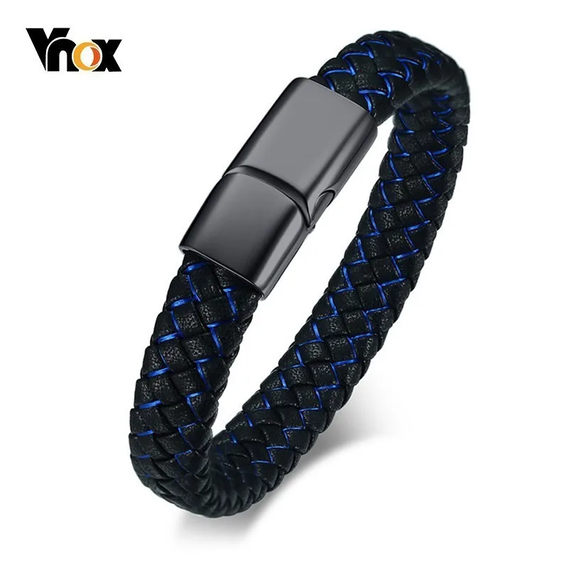 

Vnox Mens Genuine Leather Bracelets Blue and Black Braided Stainless Steel Magnetic Clasp pulsera masculina