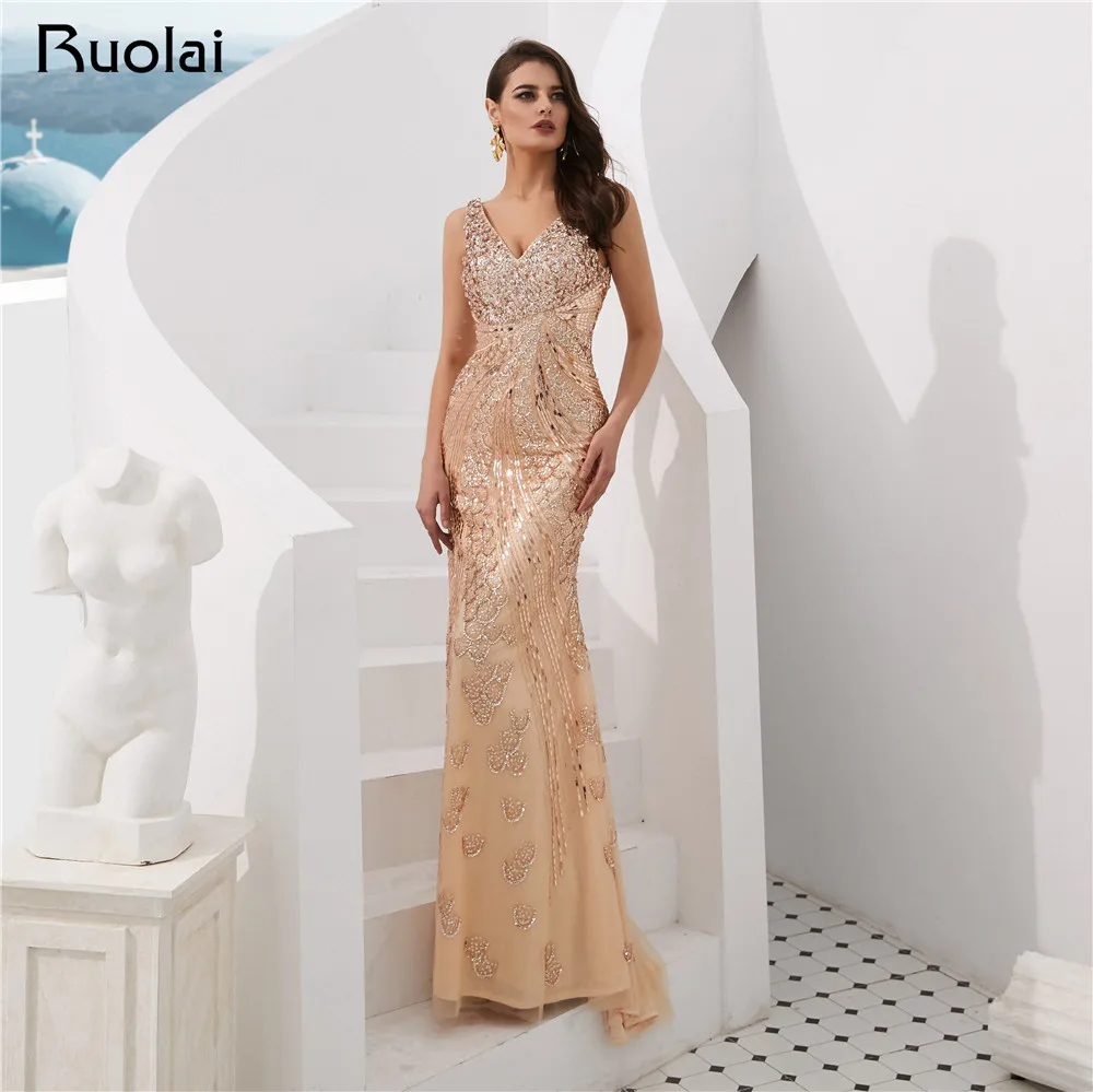 

Luxury Evening Dress 2019 Dubai V-Neck Mermaid Evening Gown Long Heavy Beaded Prom Party Dress Robe de Soiree SN12