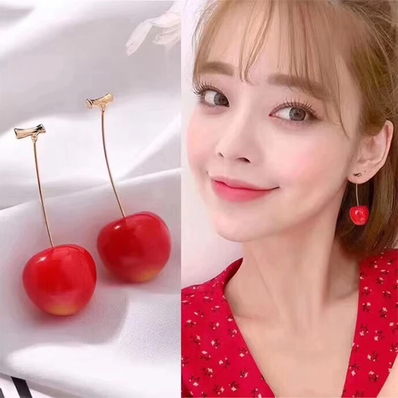 Korean Cute Romantic Round Drop Earrings Bohemian 1Pair Fruit Resin Red Cherry Dangle Earrings Valentines Party Gifts