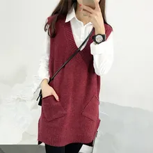 Осенний свободный свитер с v-образным вырезом, без рукавов, Sueter Mujer, с карманами, пуловер, повседневные топы для женщин