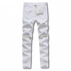 2018 обтягивающие джинсы Для мужчин s белый отверстие хип-хоп джинсовые штаны на молнии зауженные джинсы Kanye West байкерские джинсы модные