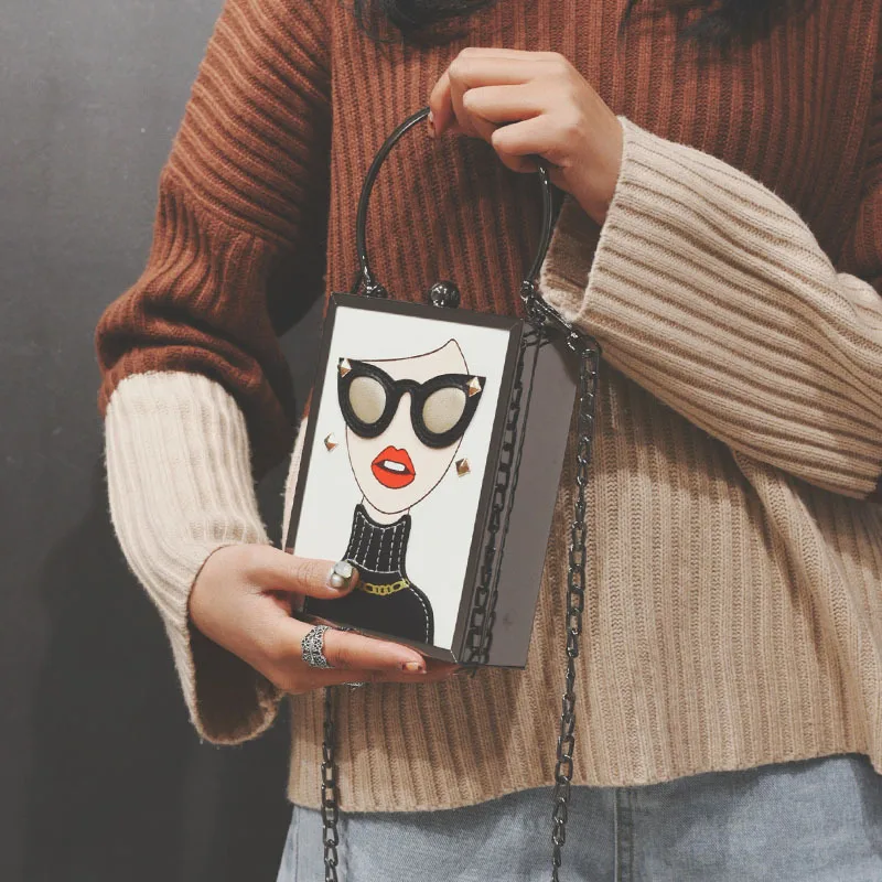 

2019 New Fashion Three-dimensional Small Box Phone Change Lady Single Shoulder Diagonal Bag Lock Square Beauty Avatar Printing