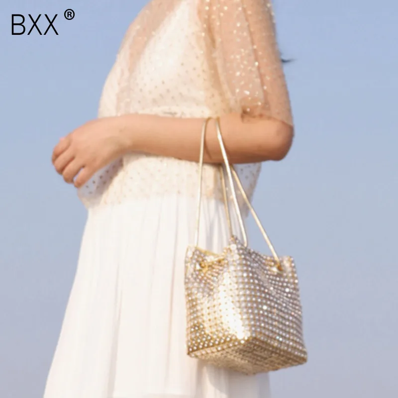 

[BXX] 2019 New Arrivals Woman Golden Silver Color Double Handles Fashion Spliced Imitate Diamond Paillette Handbag LM773