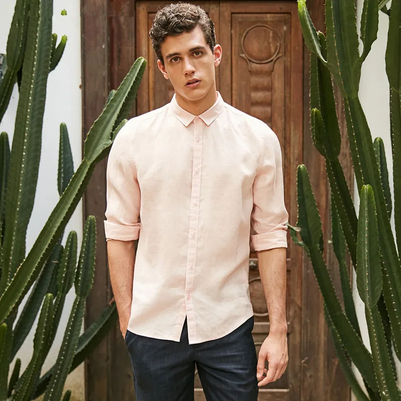 

European And American Fashion Selected Flax Concise Leisure Long-sleeved Shirt New Men's Solid Color Casual Shirt Handsome