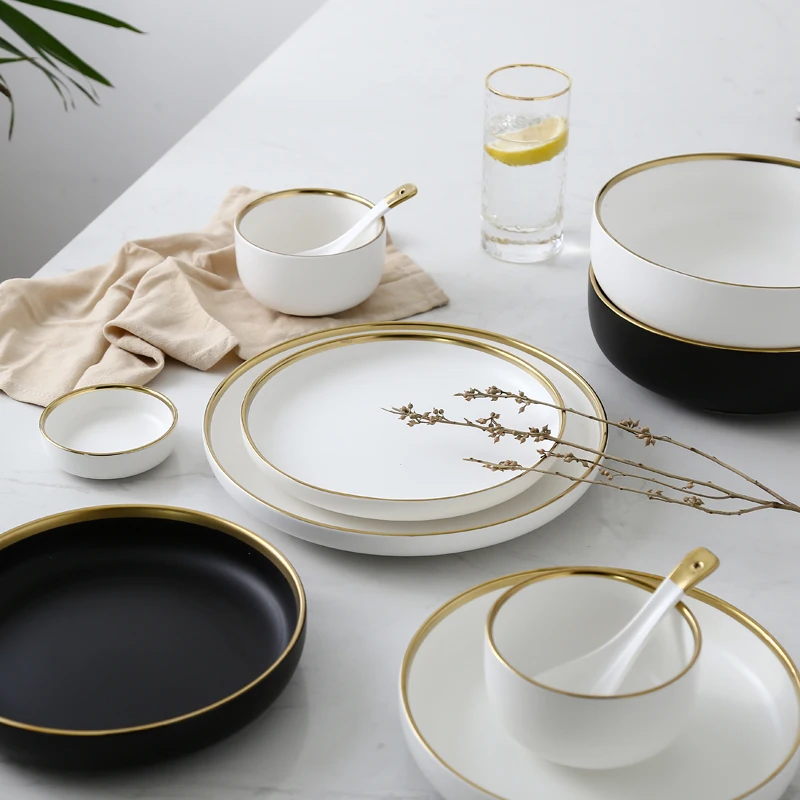 White And Black Round Gold Stroke Ceramic Dinner Plate Set ...