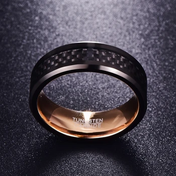 Black Carbon Fibre With Rose Gold Lining Tungsten Carbide Ring 1
