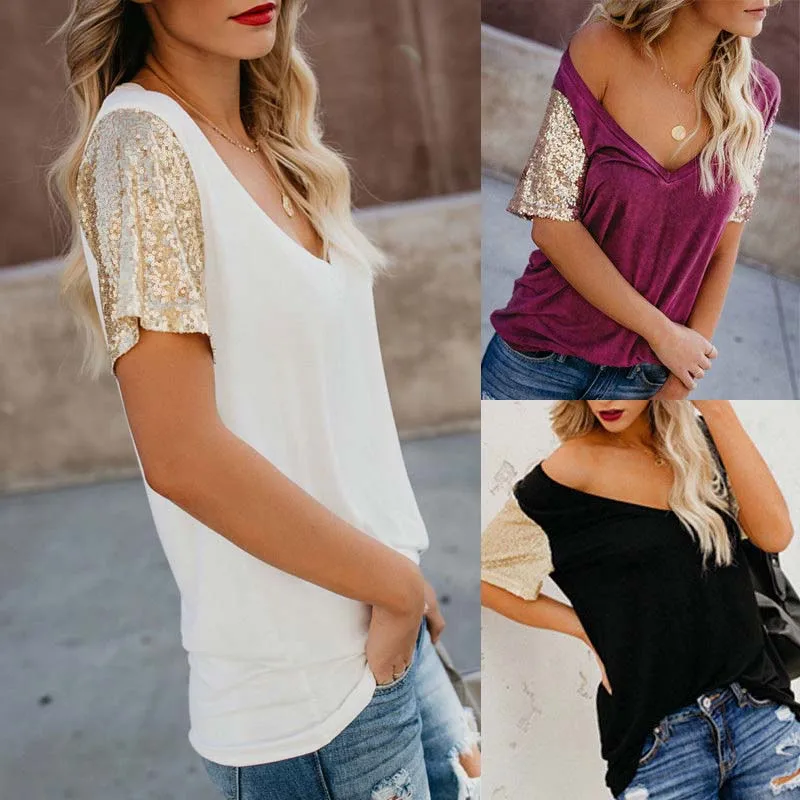 

Women Ladies Summer Loose Tops Short Sleeve T Shirt Sequined Casual Chiffon V neck Tee Shirts T-shirts