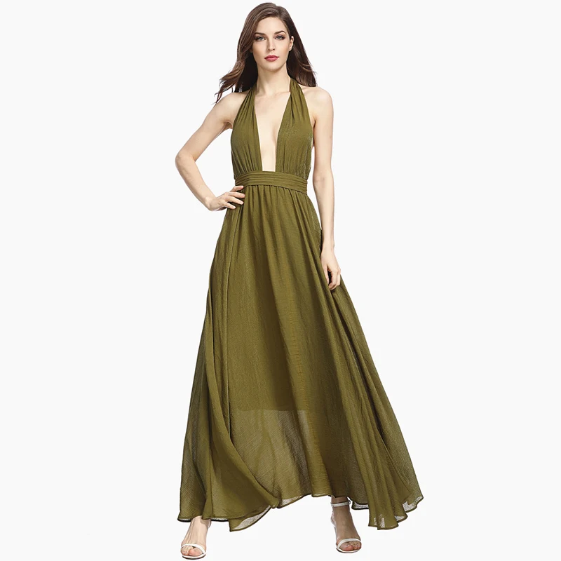 

Womens Summer Maxi Dresses Ladies Sexy Deep V Neck Halter Backless High Waisted Dress