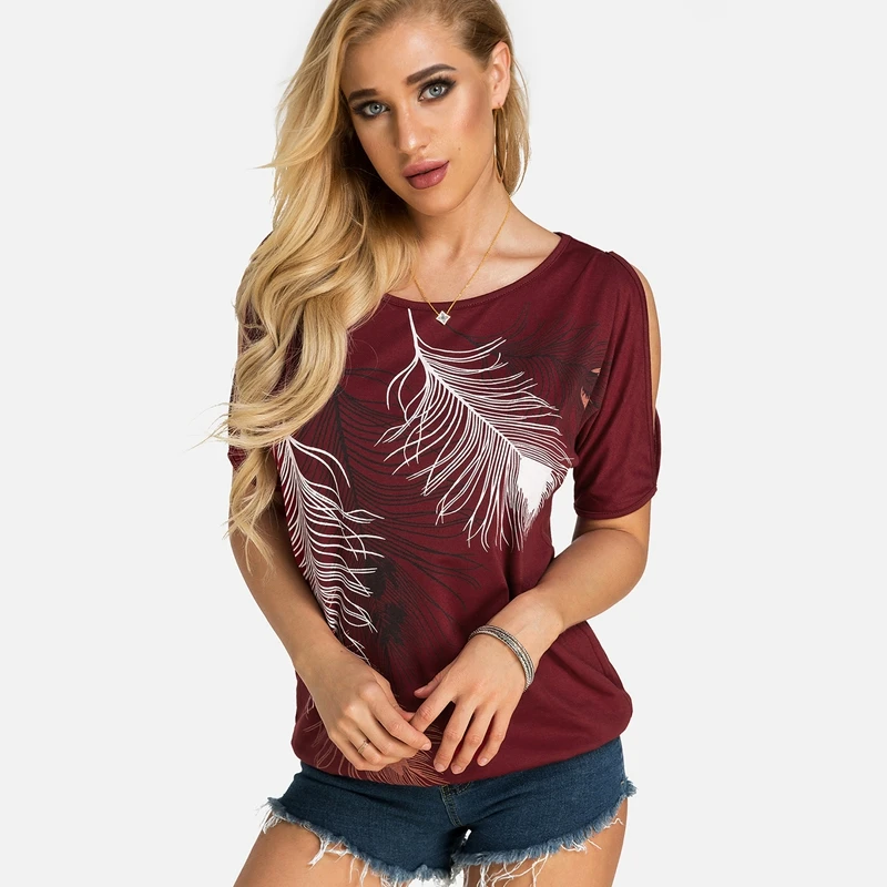 

Casual Loose T-Shirts Women 2019 Summer Cut Out Feather Printed Cold Shoulder Half Sleeves Round Neck Beach Pullover Tops Tees