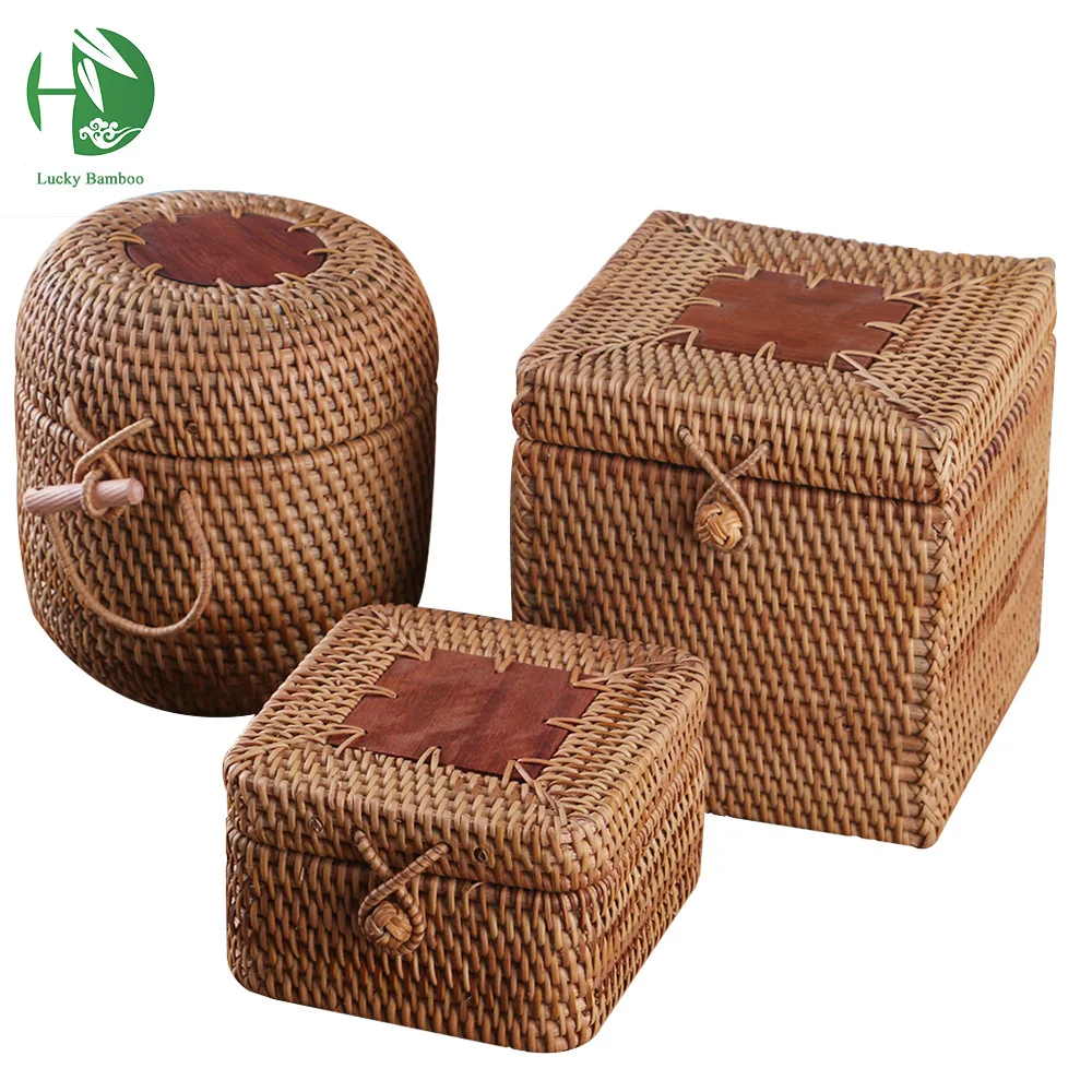 Kitchen Storage Basket Bamboo Woven Box Tea Container Case Organizer w// Lid