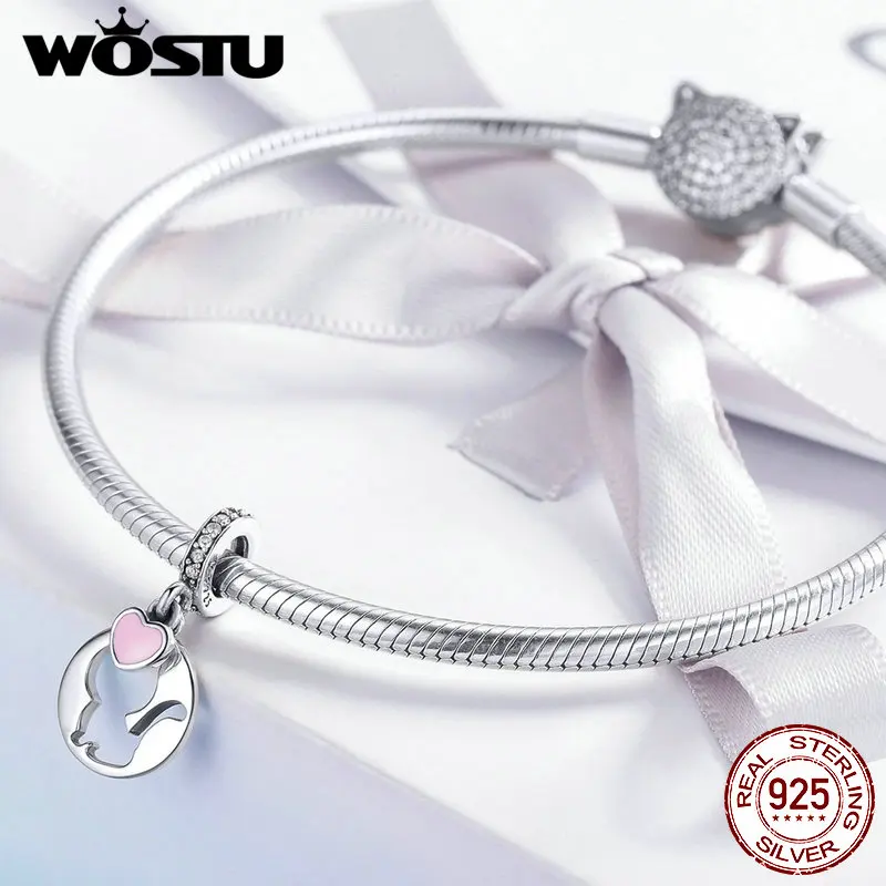 WOSTU 925 пробы, Серебряный Кот, Висячие Подвески, розовое сердце, CZ бисер, подходит для женщин, браслет, браслет, животные, подвески, ювелирные изделия CQC1140