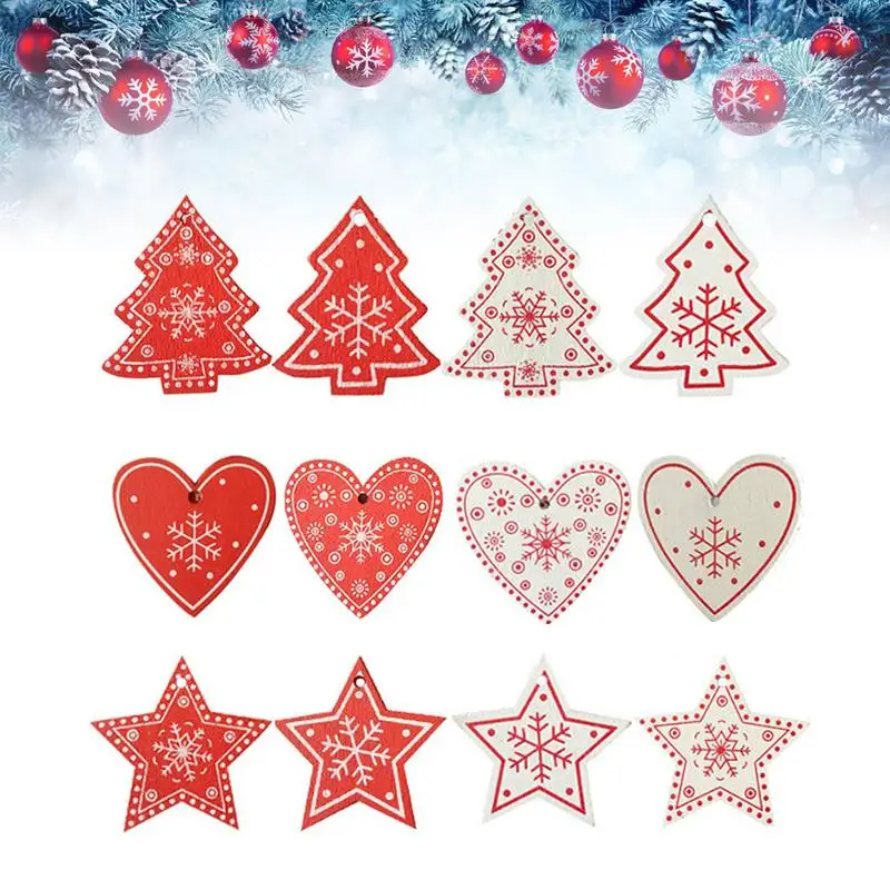 

10pcs White Red Christmas Tree Ornament Wooden Hanging Pendants Angel Snow Bell Elk Star Christmas Decorations For Home 