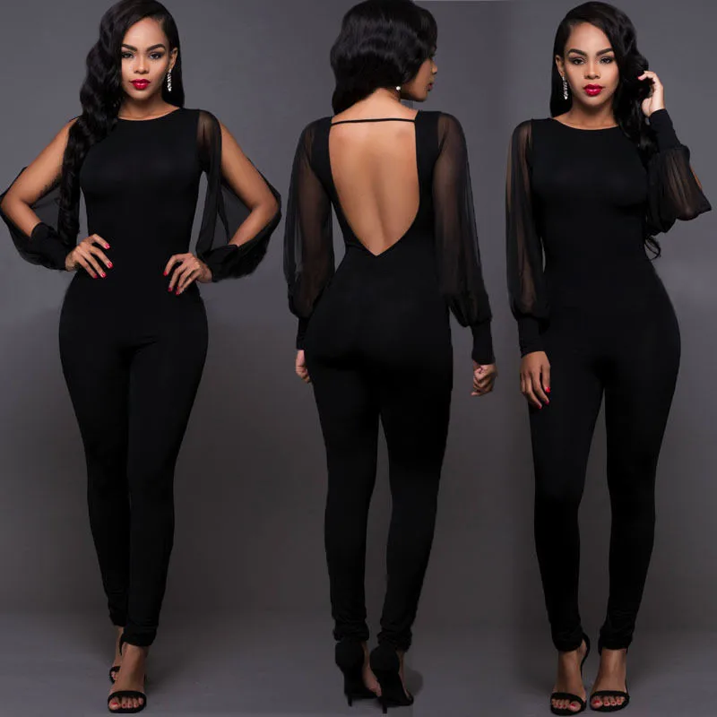 

High Quality Mesh Long Sleeve Sexy Women Backless Party Jumpsuit Playsuit Ladies Bodycon Romper Trousers Clubwear for woman