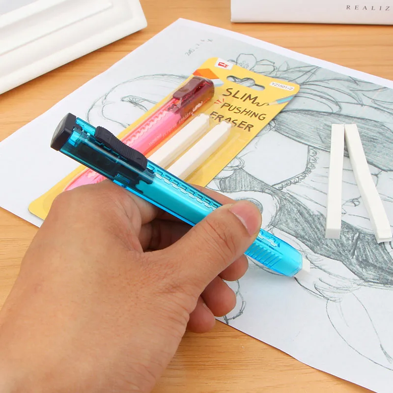 

Kawaii Creative Utility Knife Shape Slim Pushing Eraser With Two Refills Erasers For Kids Gift Korean Stationery Novelty Item