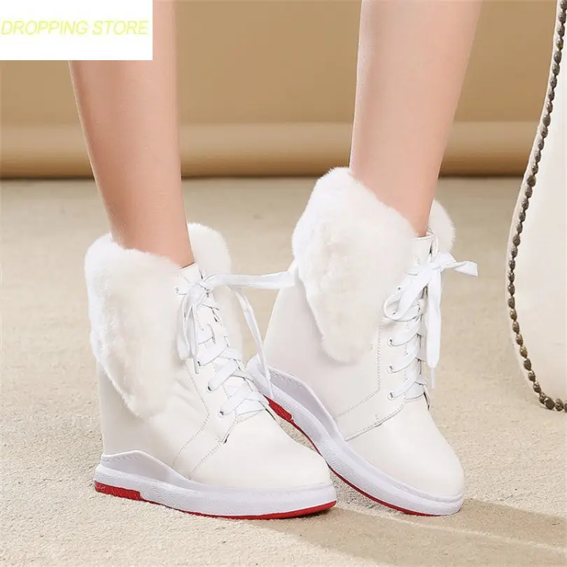 

2019 Winter Warm Shoes Women Genuine Leather Round Toe Wedges Ankle Boots Wedges High Heel Rabbit Fur Platform Pumps