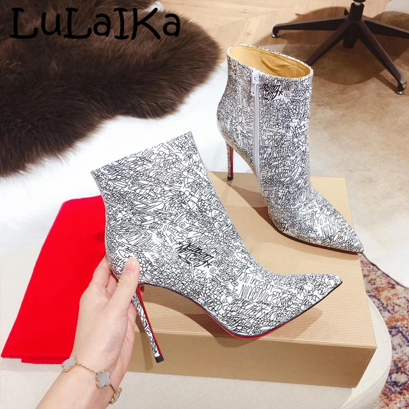 

2019 New Fashion Brand Woman Genuine Leather Ankle Boots Sexy Graffiti Pointed ToeThin Heel Lady Wedding Party High Heel Boots