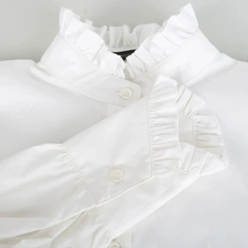 [EAM] Весенняя женская новая однотонная белая рубашка с длинным рукавом и воротником-стойкой, однобортная плиссированная несимметричная Свободная рубашка LI219