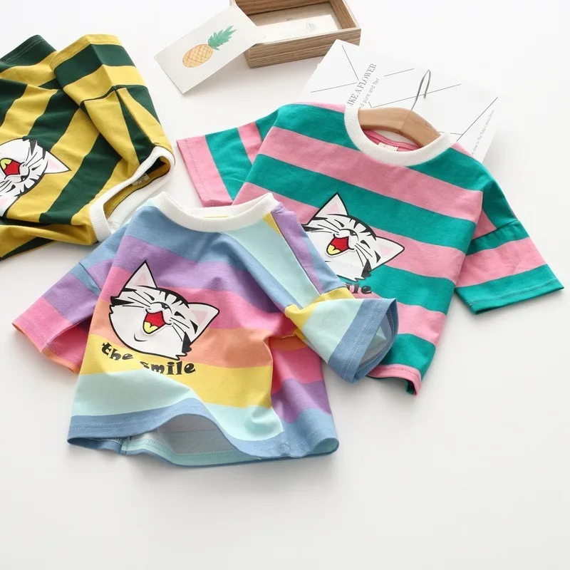 

T-Shirts For Girls Sequins T Shirt Girls Cartoon Cat Kids T-shirt Summer Teen Clothes For Girls The Smile Cat Girls T-shirt