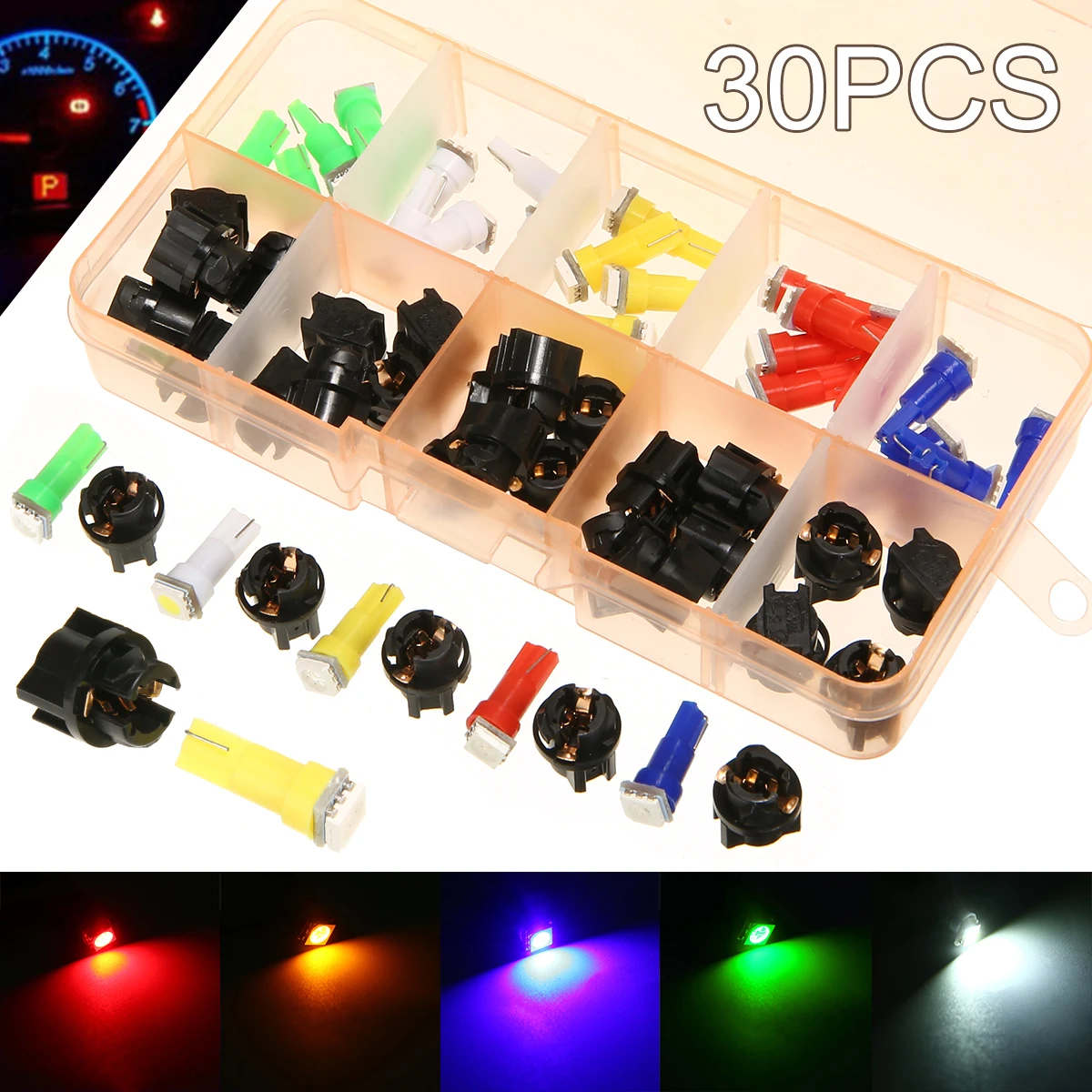 

30pcs Sets Car Auto T5 5 Color LED Twist Socket Instrument Panel Cluster Plug Dash Light Mix Bulb With Lamp Socket