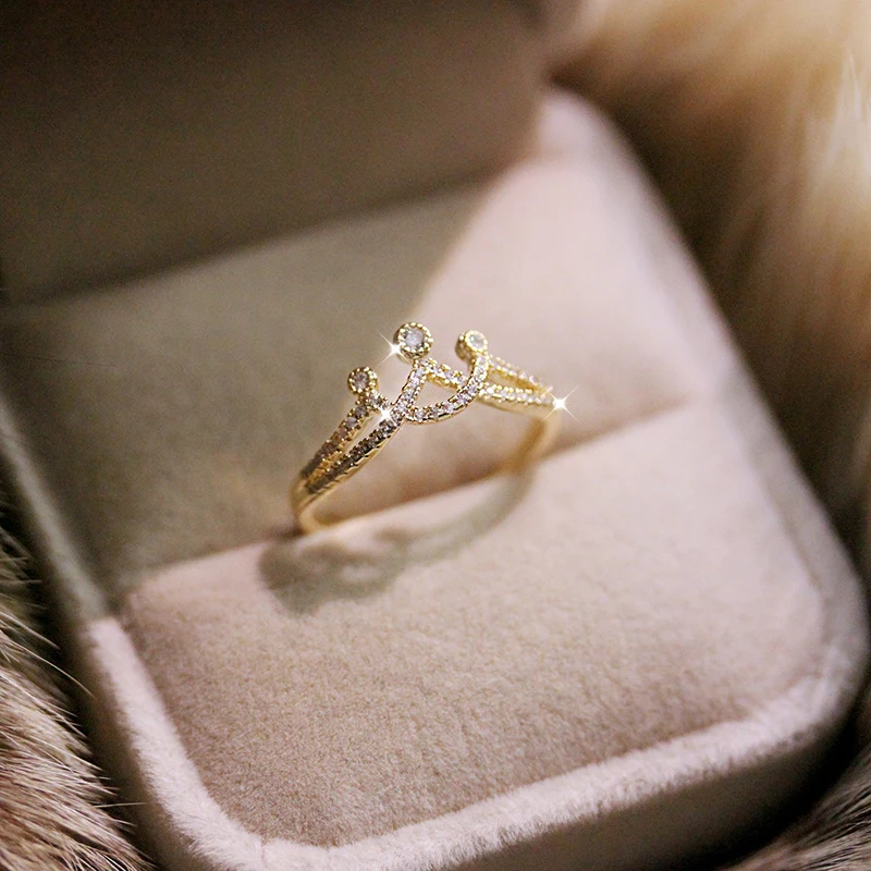 Fashion Classic Hollowing Gold Color Crown Shape CZ stone pave setting Ring Cute Sweet Girl Women Lady Beautiful Jewelry | Украшения и