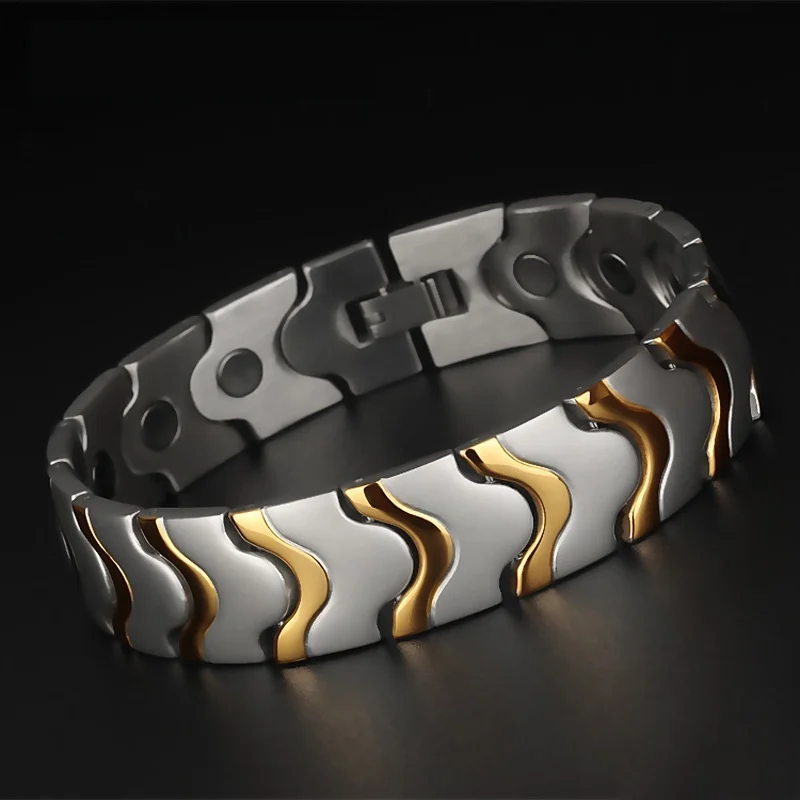 

Gold Silver Vintage Magnets Mens Health Energy Bracelet Bangle for Arthritis Negative Ion, Stainless Steel 316L 2019