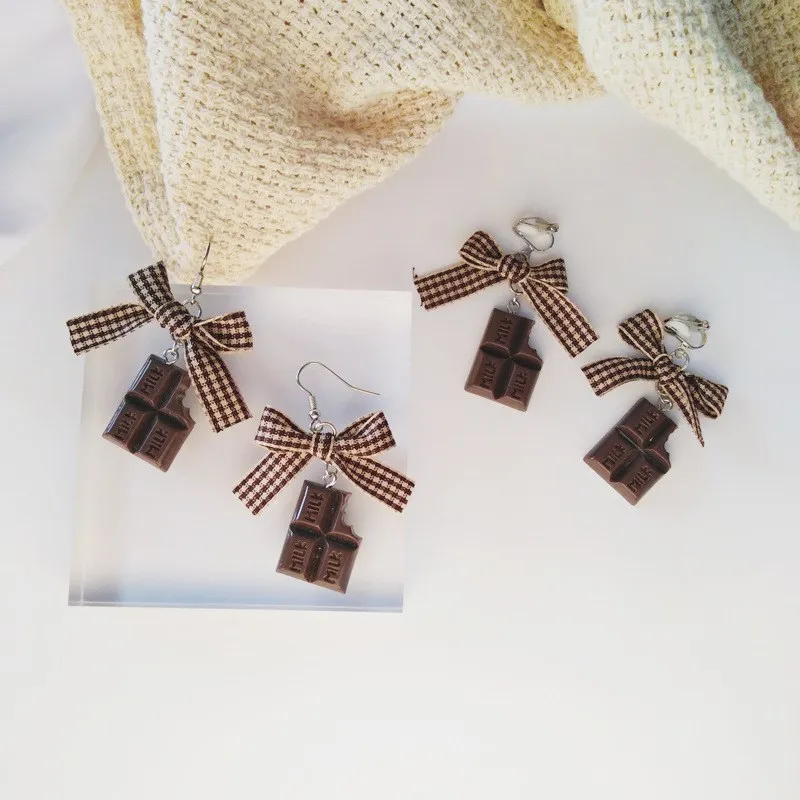 

New Arrival Fashion Bowknot DIY Chocolate Drop Earrings Creative Handmade Cute Food Chocolate Earrings