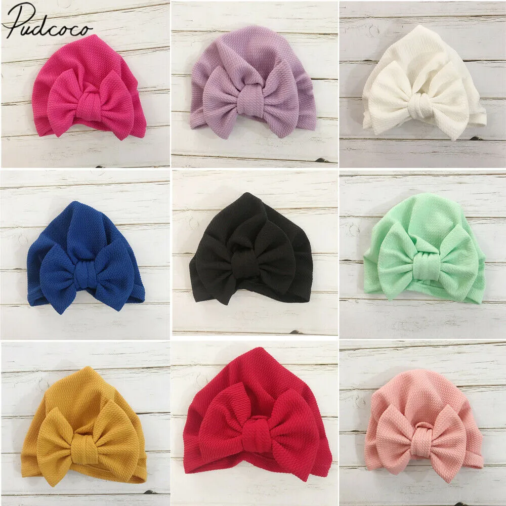 

2019 Brand New Cute Unisex Baby Girl Turban Bow Knot Head Wrap Bunny Pure Color Hat Cap Soft Cloth Solid Candy Color Hats Gift