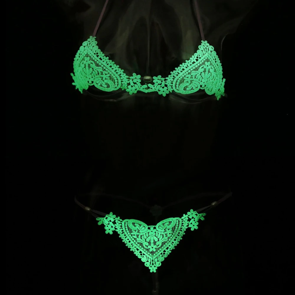 

Fluorescence Women Pearl Lace Hollow Bra Crotchless Panty Underwear Set Beading Massage Push Up Bra and Thong Lingerie Set