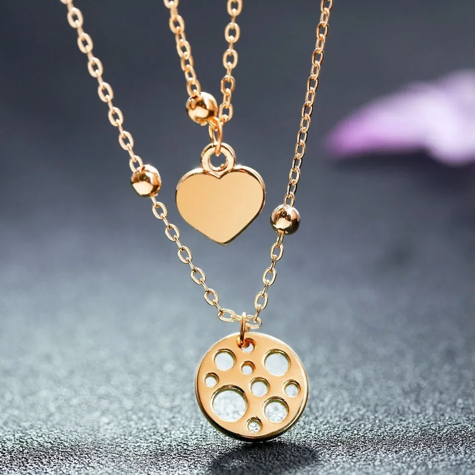 

Wholesale Double Chain Hollow Round Cute Heart Women Necklace High Quality Engagement Women Necklace Jewelry Accessory