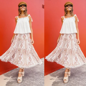 

New Women Summer Vintage Printed Maxi Pleated Skirt Long Skirt Beach Skirt Long beach Retro skirt