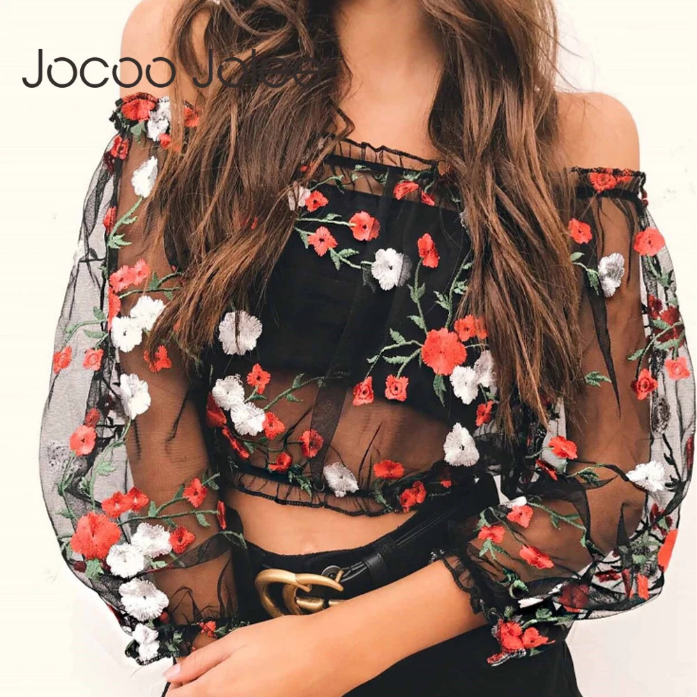 

Jocoo Jolee Vintage Floral Embroidery Mesh Crop top Women O-neck Long Sleeve Tansparent Tanks Streetwear Party Sexy Tops Tees 2