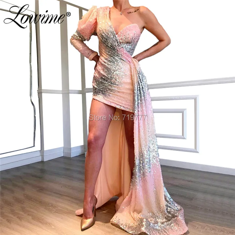 

Pink African Evening Dress Shiny Glitter Dubai High Low Prom Dresses Robe de Soiree One Shoulder Arabic Pageant Party Gowns 2019