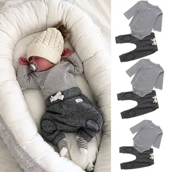 

2PCS Baby Boys Striped Cotton Romper Tops Long Pants Fall Baby Outfits Set Clothes