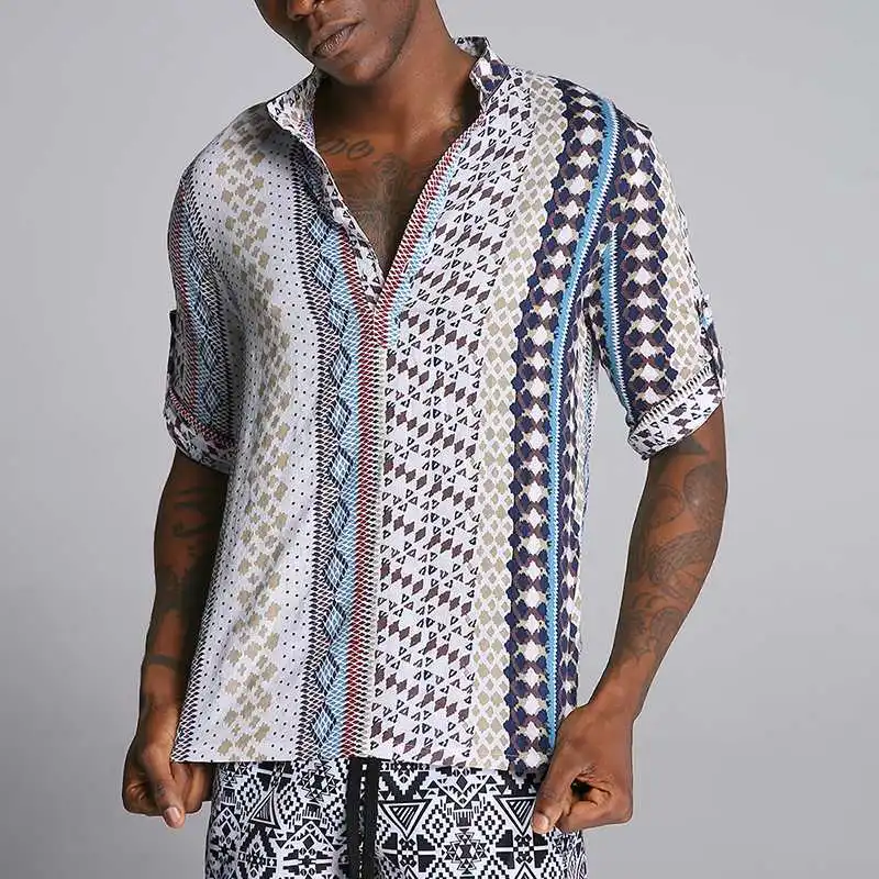 Летний принт в этническом стиле Для мужчин s Повседневная рубашка с v-образным вырезом ретро Половина рукавом Свободные Camisa Masculina пляжные