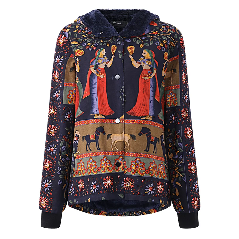 Very best Vintage Floral Printed Hooded Long Sleeve Fleece Coat 2019 Winter Basic Faux Fur Outwear Women Casu