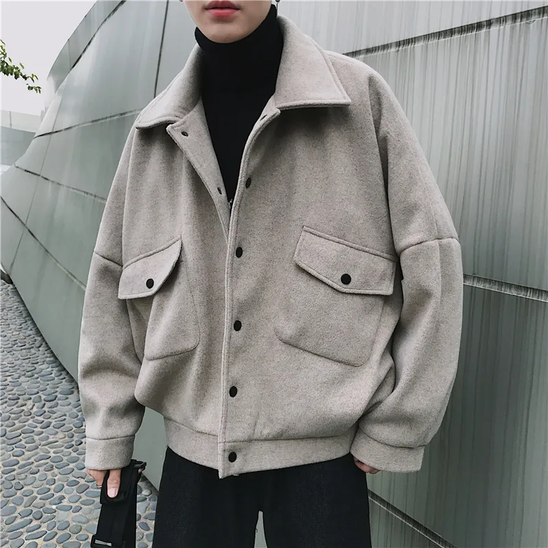 

2019 Winter Men's Fashion Pocket Cotton-padded Clothes Woolen Blends Snow Jackets Parkas Loose Casual Cashmere Coats M-2XL