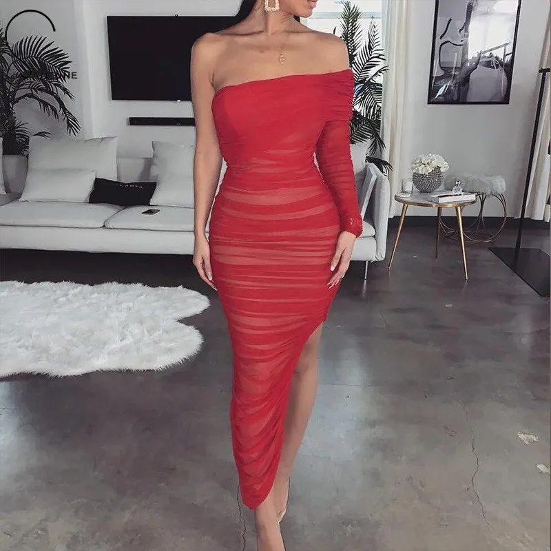 

Santune Sexy One Shoulder Split Long Dress Women Ruffle Summer Beach Dress Bandage Bodycon Black Draped Lace Bodycon Party Dress