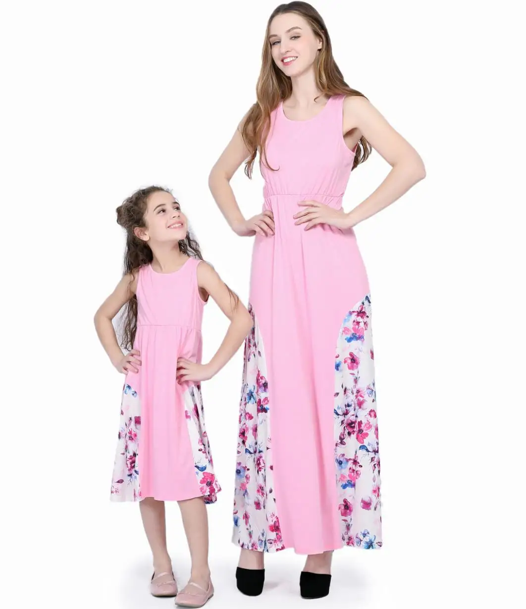 

Spring and Summer Solid Color Stitching Pink Printed Dress Long Parent-child Wear