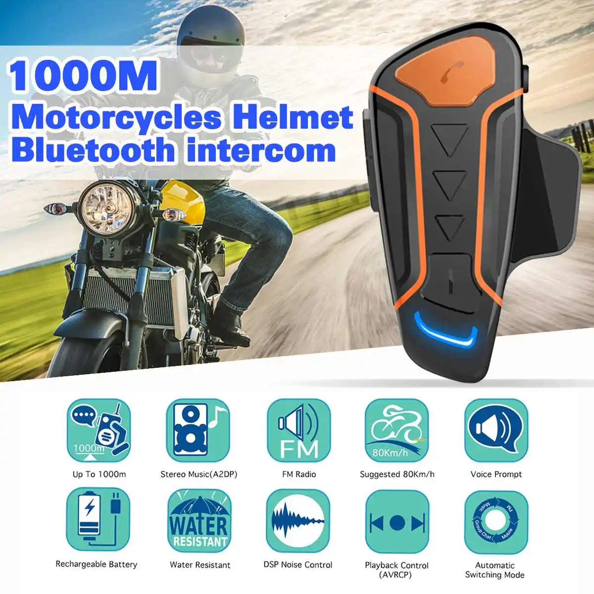 

1000M Updated Version WT003 Bluetooth Motorcycle Helmet Intercom Interphone Headset FM Radio+Extra Earphone