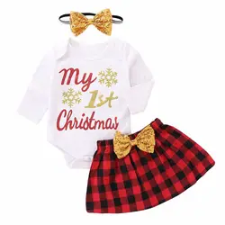 Puseky для новорожденных для маленьких девочек Рождественская одежда с длинным рукавом Письмо печати комбинезон красный плед бантом юбка