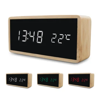 

New Bamboo Wooden Alarm Clock LED Display With Mirror Temperature Digital Watch Desktop Digital Table Clock
