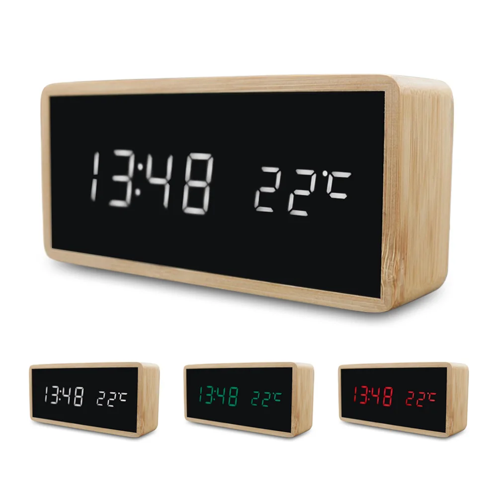 New Bamboo Wooden Alarm Clock LED Display With Mirror Temperature Digital Watch Desktop Digital Table Clock