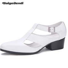 Мужские летние туфли с закрытым носком на каблуке; кожаные сандалии с натуральным лицевым покрытием и пряжкой на ремешке; мужские модные туфли на каблуке; цвет белый