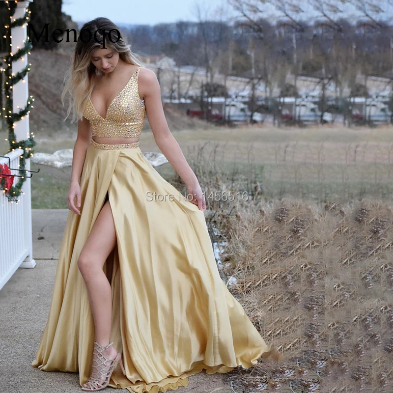 

V Neck Two Pieces Long Prom Dresses A Line Open Back Sleeveless Gold Satin Beading Evening Formal Party Dress Vestido De Fiesta