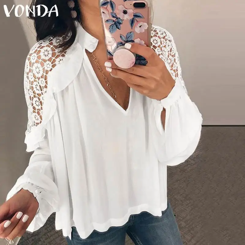  2019 VONDA Strapless Women Summer Lace Blouse Sexy Club Tops V Neck Lantern Sleeve Blusas Off The S