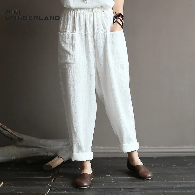 

NINI WONDERLAND Women Ramie Harem Pants 2019 Spring Solid Color Classic Pants Autumn Female Radish Pants Elastic Waist Trousers